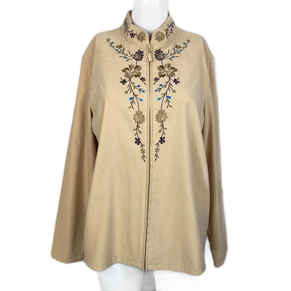Susan Graver Shirt Jacket Womens Sz M Beige Brown Stretch Floral Embroidered Zip